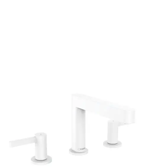 Weißes Waschtischarmatur-Set von Hansgrohe mit zwei Bedienhebeln und einem langen, geraden Auslauf, inklusive Push-Open Ablaufgarnitur.